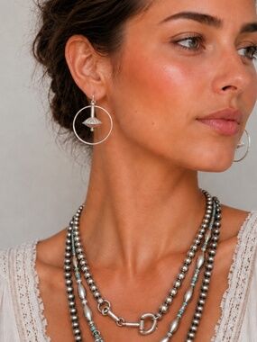 Sterling Silver Southwestern Hoop Dangle Earrings Fluted Bead Artisan
